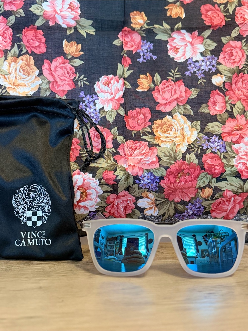 Vince Camuto White Frame Sunglasses with Blue Mirrored Lenses